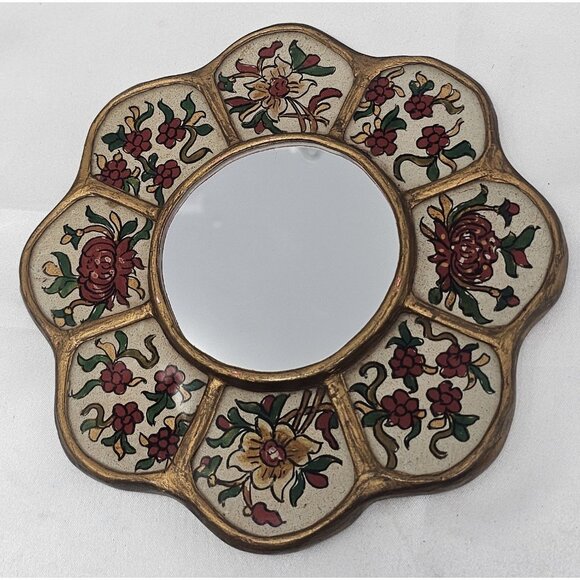 Handmade Other - Peruvian Reverse Painted Wall Mirror Glass Handcrafted Peru Floral 6" Victorian